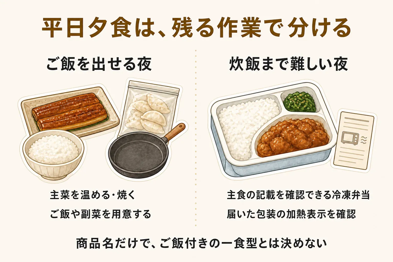 平日夕食を残る作業で分ける図。ご飯を出せる夜は主菜を温める・焼く、ご飯や副菜を用意する。炊飯まで難しい夜は主食の記載を確認できる冷凍弁当を選び、届いた包装の加熱表示を確認する。商品名だけでご飯付きの一食型とは決めないことを示している