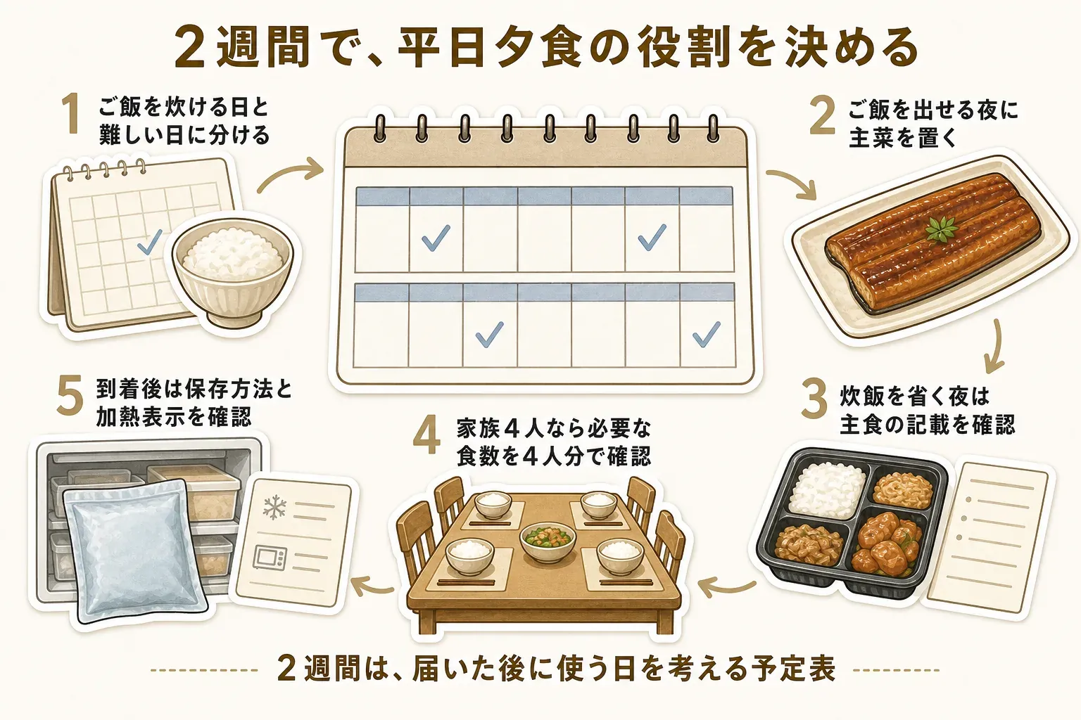 2週間で平日夕食の役割を決める5段階の図。ご飯を炊ける日と難しい日に分け、ご飯を出せる夜に主菜を置く。炊飯を省く夜は主食の記載を確認し、家族4人なら必要な食数を4人分で確認する。到着後は保存方法と加熱表示を確認し、届いた後に使う日を考える予定表にする流れを示している