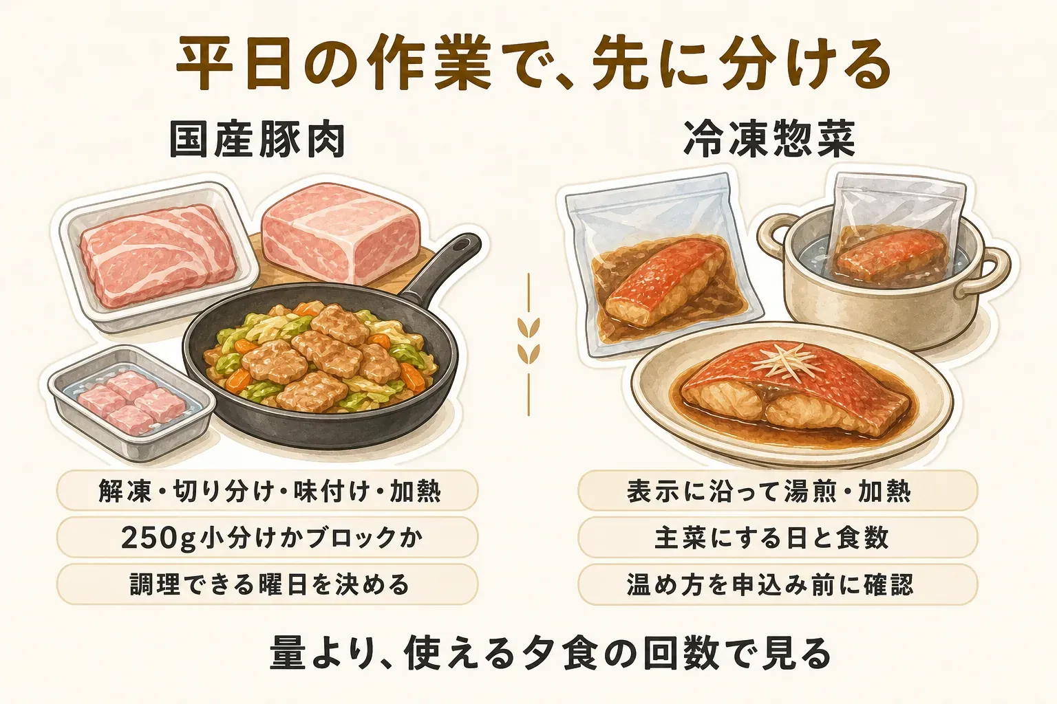 国産豚肉と冷凍惣菜を平日の作業で比較した図。国産豚肉は解凍・切り分け・味付け・加熱が必要で、250g小分けかブロックかを選び、調理できる曜日を決める。冷凍惣菜は表示に沿って湯煎・加熱し、主菜にする日と食数、温め方を申込み前に確認する。量より使える夕食の回数で見ることを示している