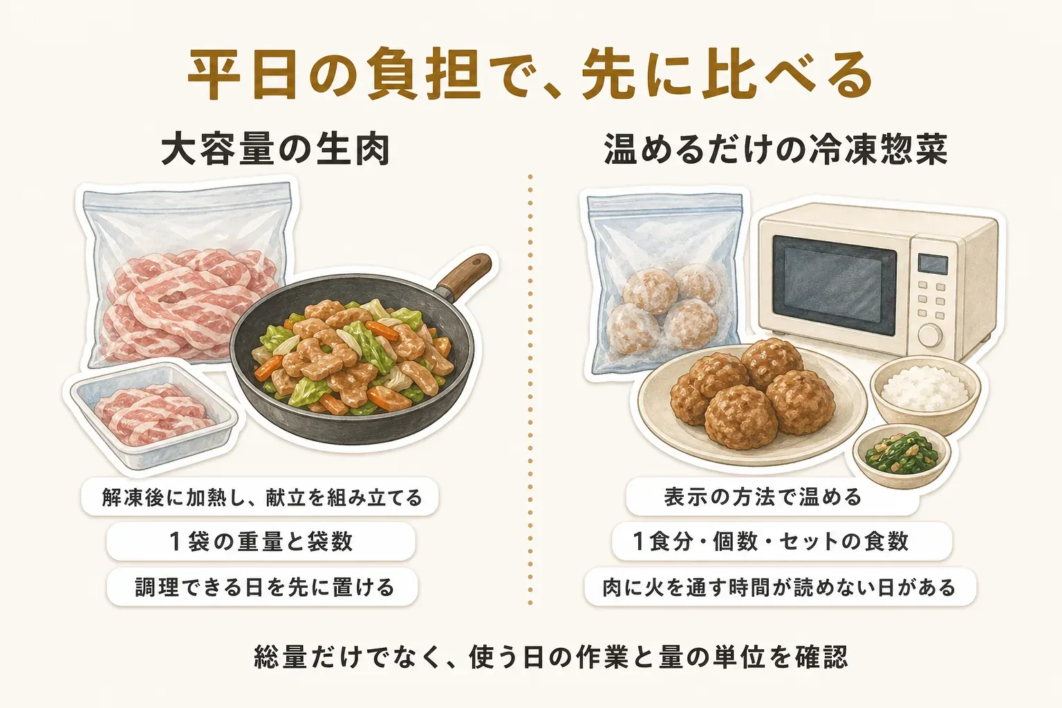 平日の負担で大容量の生肉と温めるだけの冷凍惣菜を比べる図。生肉は解凍後に加熱して献立を組み立て、1袋の重量と袋数を確認し、調理できる日を先に置く。冷凍惣菜は表示の方法で温め、1食分・個数・セットの食数を確認し、肉に火を通す時間が読めない日に向くことを示す。総量だけでなく、使う日の作業と量の単位を確認する。