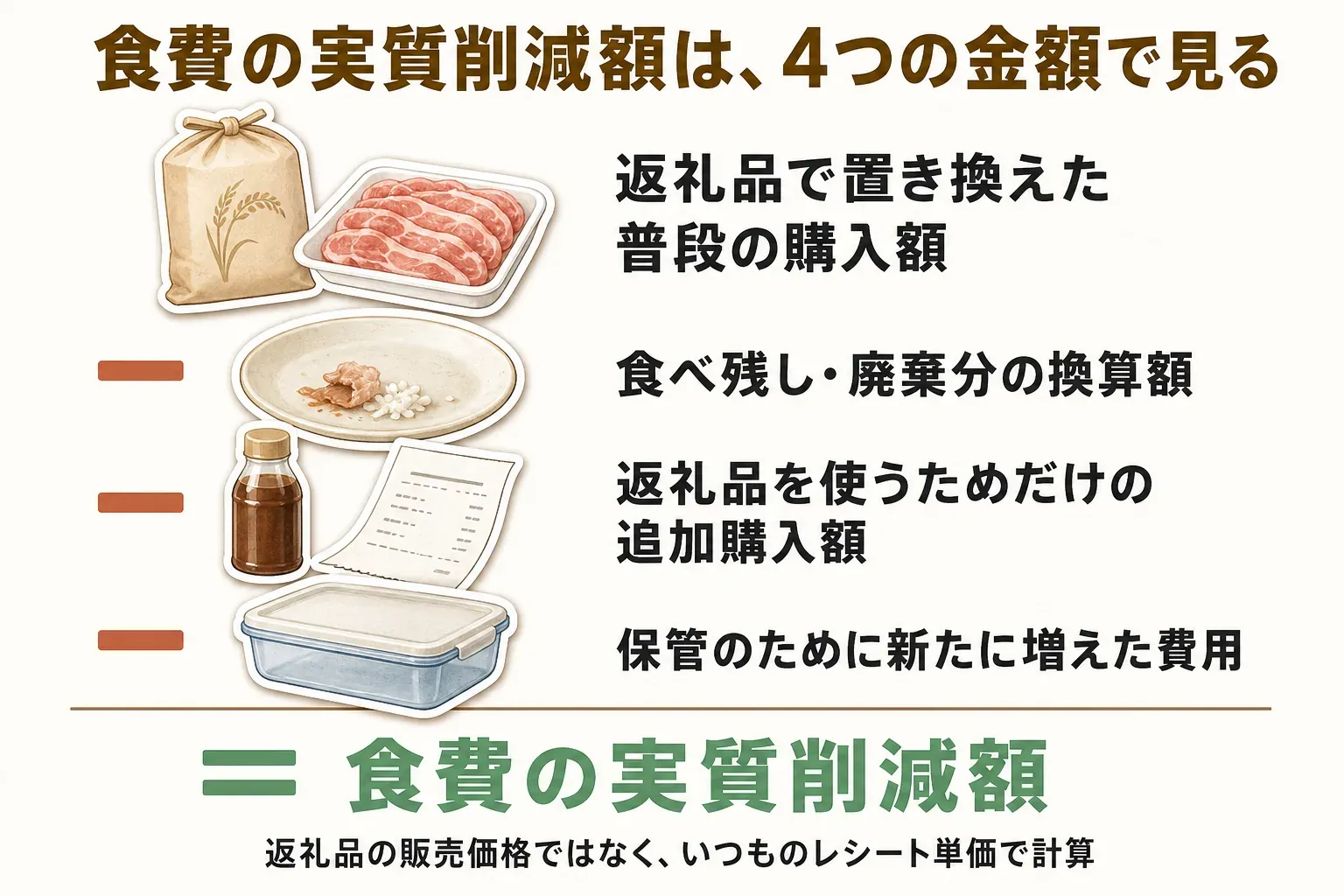 食費の実質削減額は、返礼品で置き換えた普段の購入額から、食べ残し・廃棄分の換算額、返礼品を使うためだけの追加購入額、保管のために新たに増えた費用を差し引き、返礼品の販売価格ではなく普段のレシート単価で計算することを示した図
