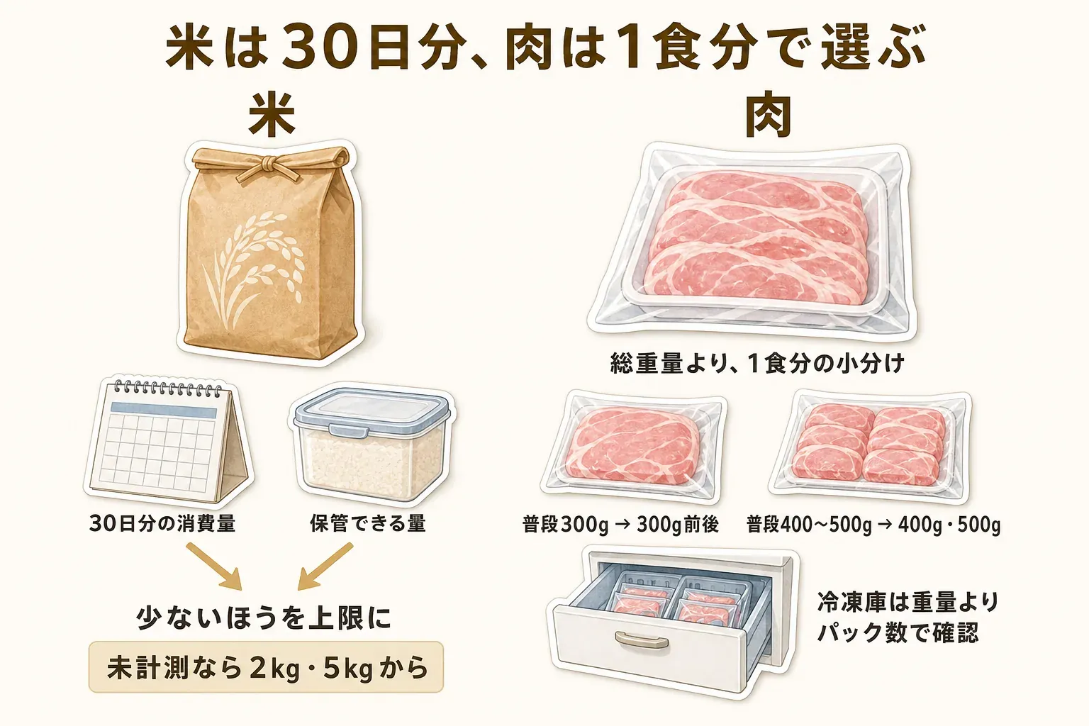 米は30日分の消費量と保管できる量の少ないほうを上限にし、未計測なら2kg・5kgから選ぶこと、肉は総重量より1食分の小分けを優先し、普段300g使う家庭は300g前後、400〜500g使う家庭は400g・500gを選び、冷凍庫は重量ではなくパック数で確認することを示した図
