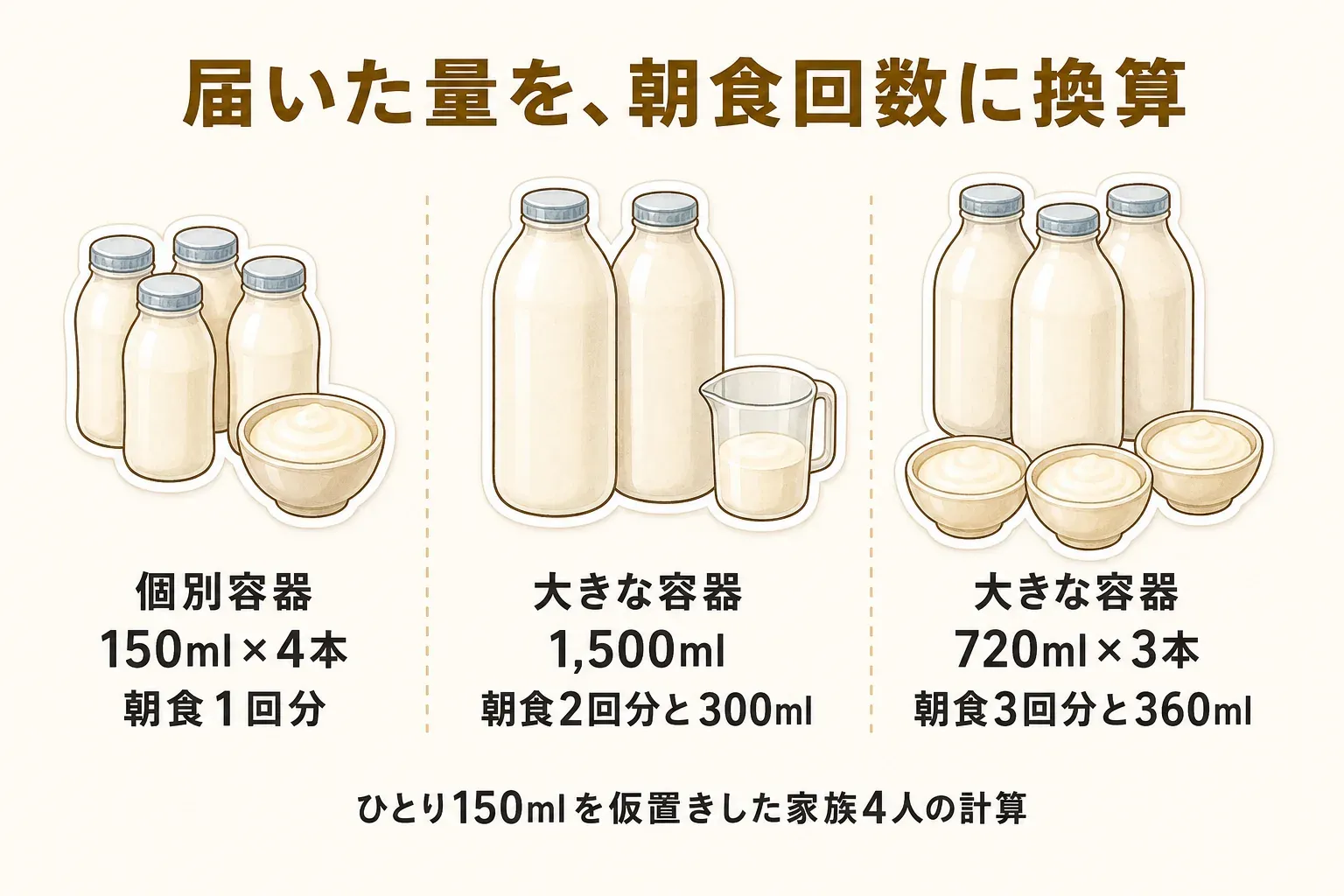 ひとり150mlを仮置きした家族4人の朝食回数への換算図。個別容器150ml×4本は朝食1回分、大きな容器1,500mlは朝食2回分と300ml、大きな容器720ml×3本は朝食3回分と360mlを示している