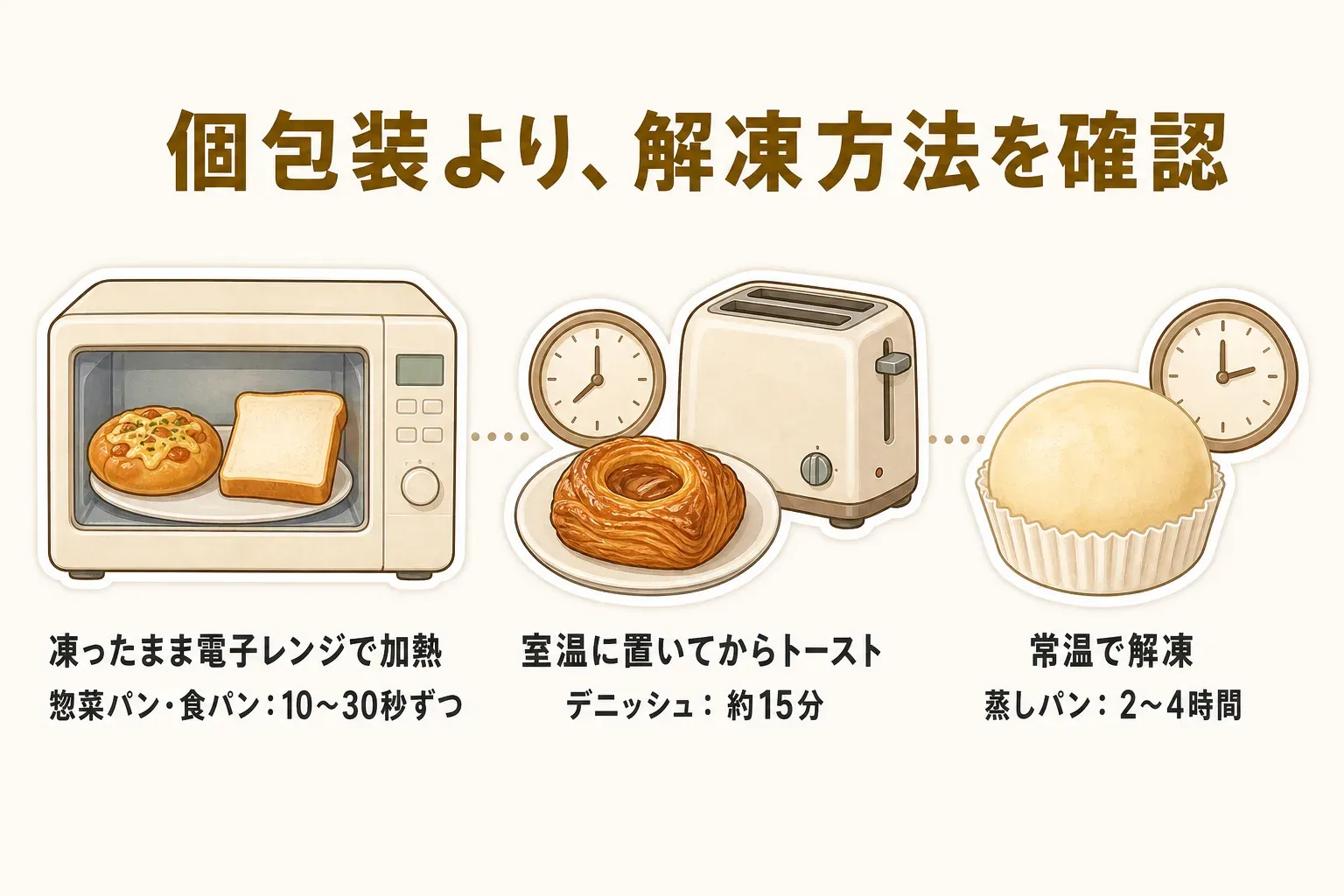 個包装より解凍方法を確認することを示した図。惣菜パン・食パンは凍ったまま電子レンジで10〜30秒ずつ加熱、デニッシュは室温で約15分置いてからトースト、蒸しパンは常温で2〜4時間解凍する方法を並べている