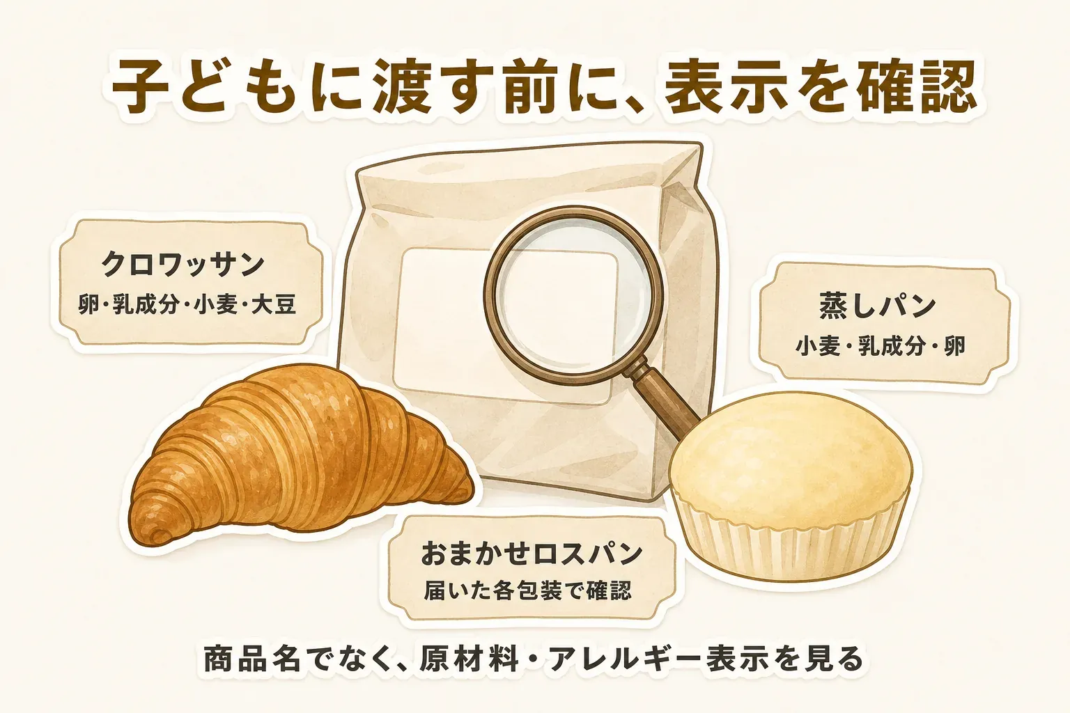 冷凍パンのアレルゲン表示を確認する図。志摩市のクロワッサンは卵・乳成分・小麦・大豆、小松市のプリン蒸しパンは小麦・乳成分・卵を商品説明で確認し、上士幌町のロスパンはおまかせのため届いた各パッケージの原材料表示を確認することを示している。出典：消費者庁「食物アレルギー表示に関する情報」