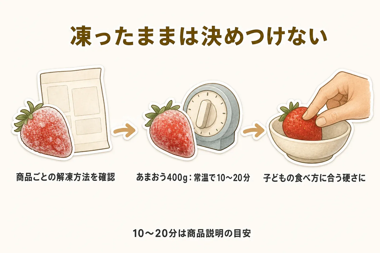 凍ったままでは決めつけず、商品ごとの解凍方法を確認して子どもの食べ方に合う硬さにする流れを示した図。あまおう400gは常温で10〜20分の自然解凍が商品説明の目安