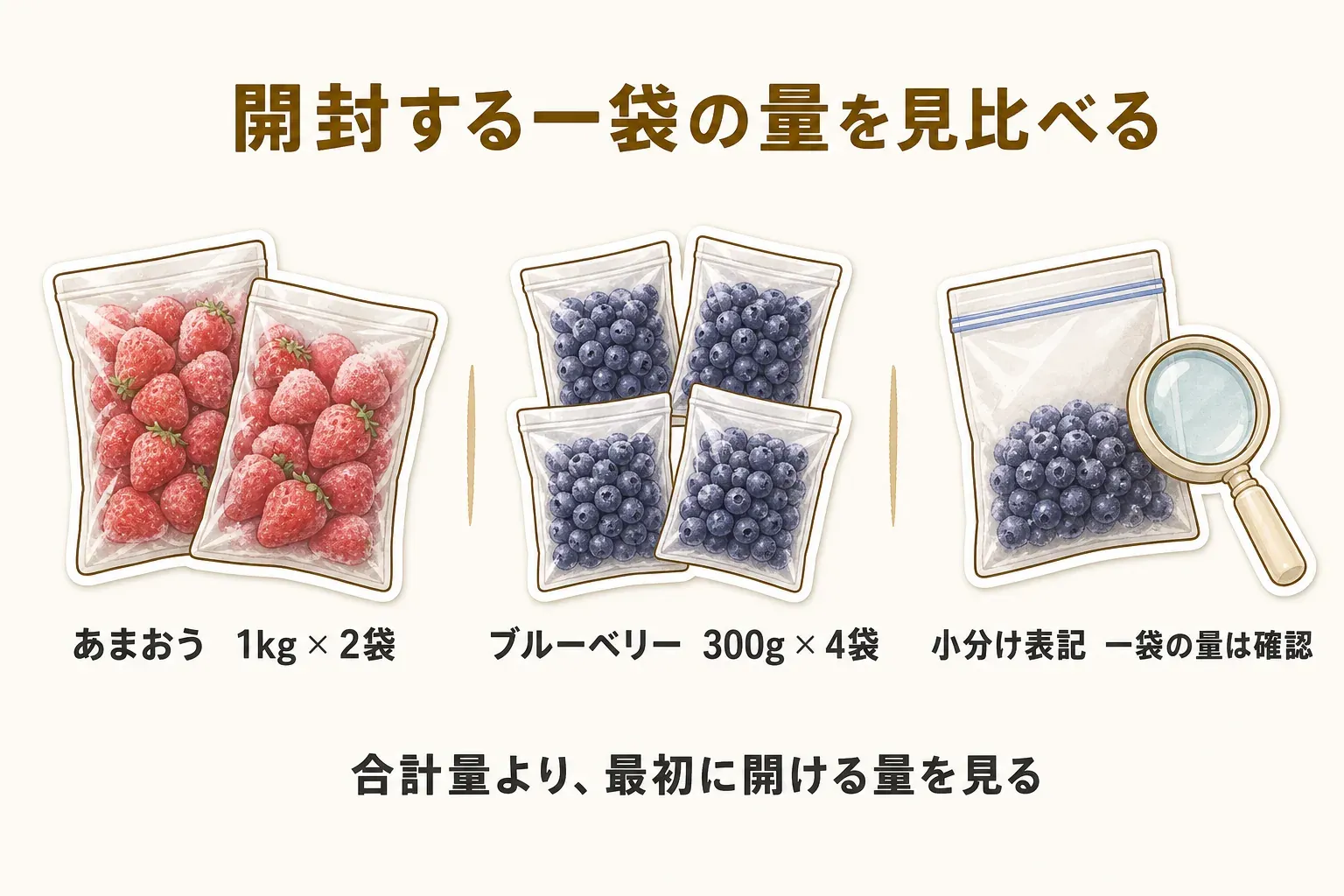 冷凍いちご・ブルーベリーの開封する一袋の量を比べる図。あまおうは1kg×2袋、ブルーベリーは300g×4袋、小分け表記だけのブルーベリーは一袋の量を確認することを示し、合計量より最初に開ける量を見るよう案内している