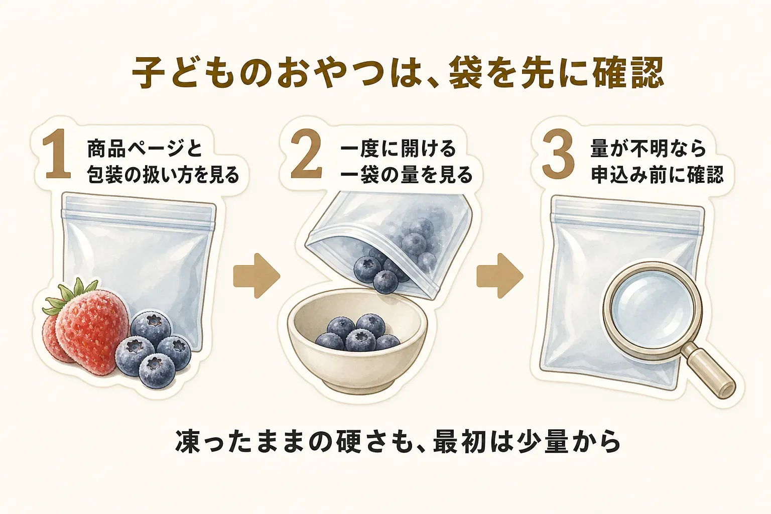 子どものおやつ用の冷凍いちご・ブルーベリーを申し込む前の確認手順を示す図。商品ページと包装の扱い方を見る、一度に開ける一袋の量を見る、量が不明なら申込み前に確認するという3項目と、凍ったままの硬さは最初は少量から確かめることを示している