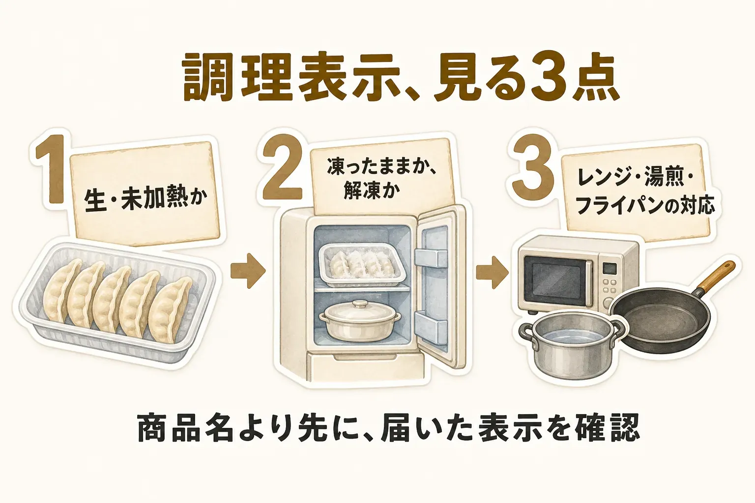 冷凍ハンバーグ・餃子の調理表示で確認する3項目を示す図。生・未加熱か調理済みか、凍ったまま調理するか冷蔵庫で解凍するか、電子レンジ・湯煎・フライパンのどれに対応するかを、申込み前と到着後のラベル・同封レシピで確認する流れ