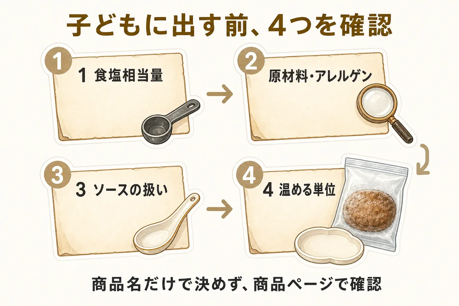 子どもに出す冷凍ハンバーグや餃子の商品表示を確認する順番を示す図。栄養成分表示の食塩相当量とその表示単位、原材料・アレルゲン、ソースが別添か最初からかかっているかを、商品ページで確認する流れ