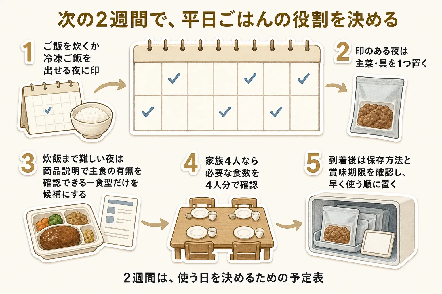 次の2週間で平日ごはんの役割を決める5段階の図。ご飯を炊くか冷凍ご飯を出せる夜に印を付け、印のある夜に主菜・具を1つ置く。炊飯まで難しい夜は商品説明で主食の有無を確認できる一食型だけを候補にし、家族4人なら必要な食数を4人分で確認する。到着後は保存方法と賞味期限を確認し、早く使う順に置く
