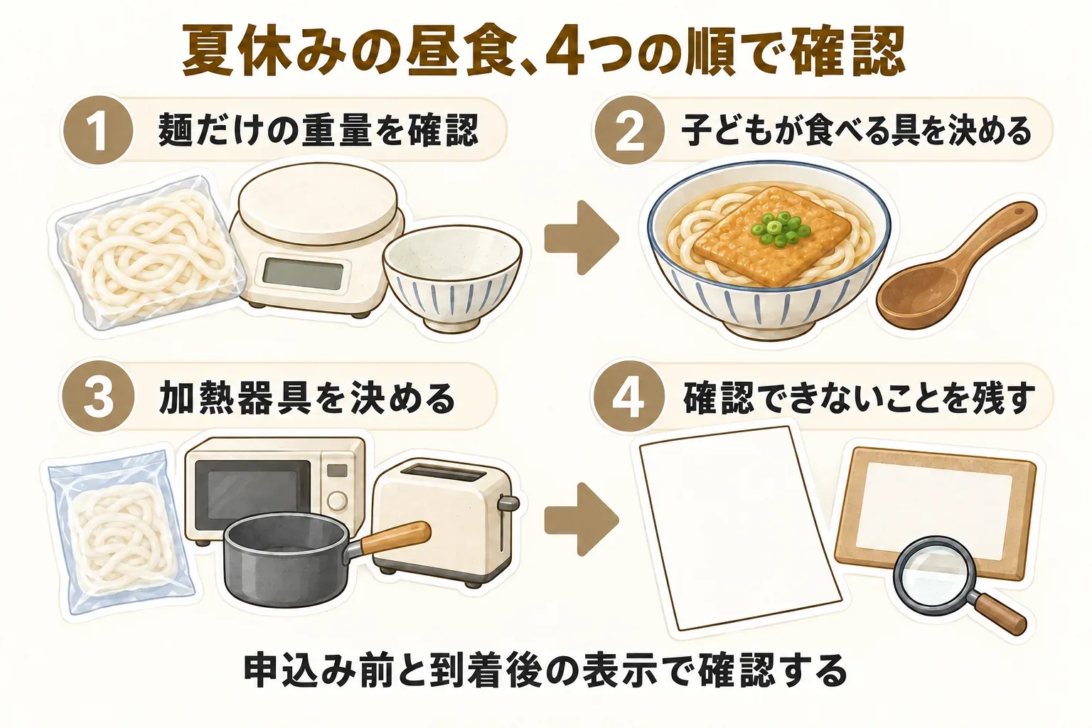 夏休みの昼食用の冷凍うどんを確認する4つの順番を示す図。1は麺だけの重量、2は子どもが食べる具、3は電子レンジ・鍋・トースターなどの加熱器具、4は申込み前と到着後の表示で確認できないことを確かめる流れを示している