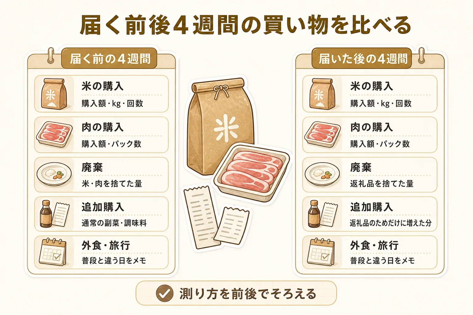 返礼品が届く前後4週間の米・肉の購入、廃棄、追加購入、外食・旅行を記録して比較し、普段の米・肉の支出減少から食べ残しと返礼品のためだけに増えた買い物を差し引いて節約になるか判断する流れを示した図