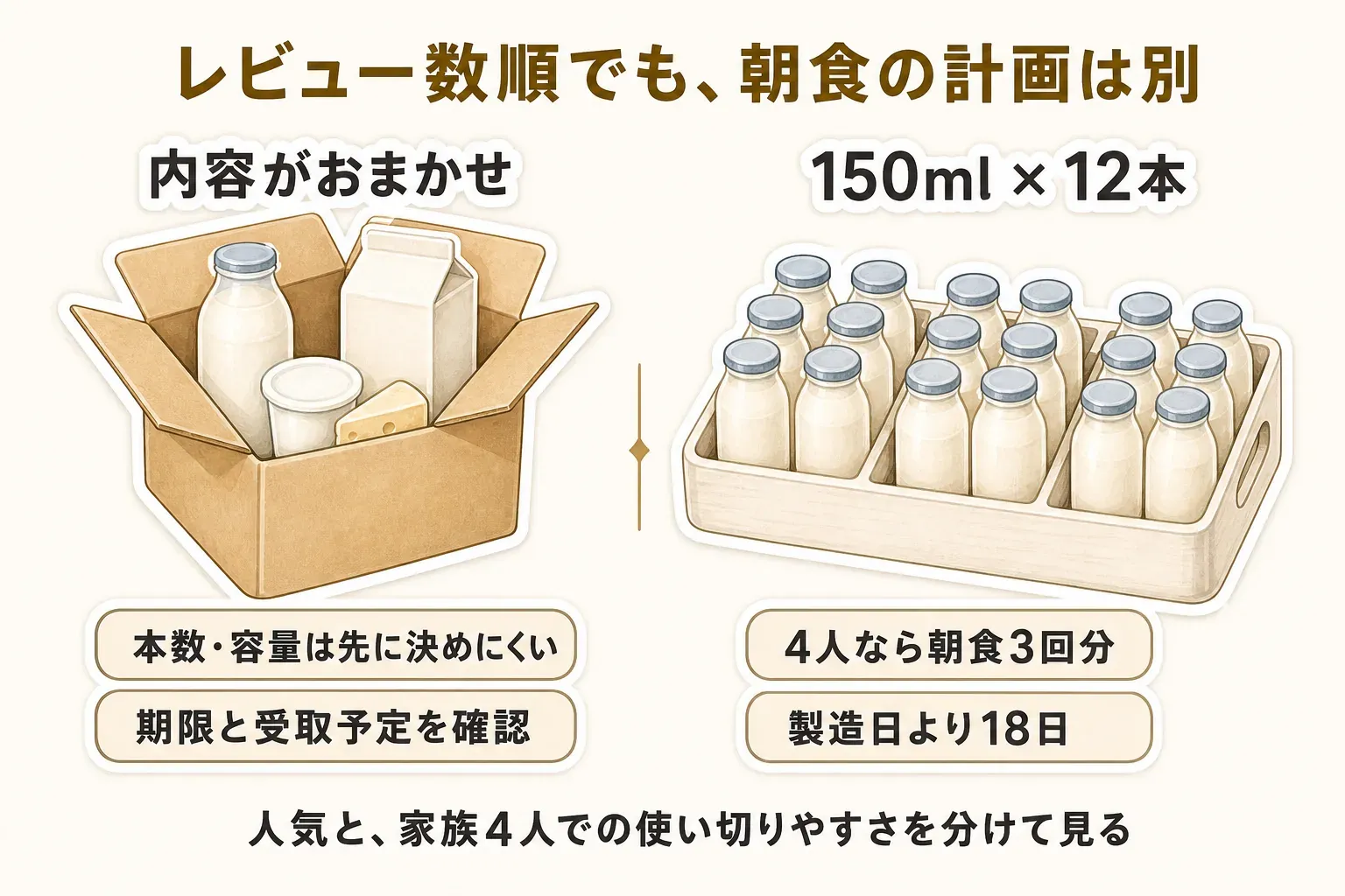 レビュー数順でも朝食の計画は別と示す図。内容がおまかせの乳製品福袋は本数・容量を事前に決めにくく、期限と受け取り予定を確認する一方、150ml×12本の固定セットは家族4人で朝食3回分、賞味期限は製造日より18日と確認できる。人気と家族4人での使い切りやすさを分けて見ることを説明している