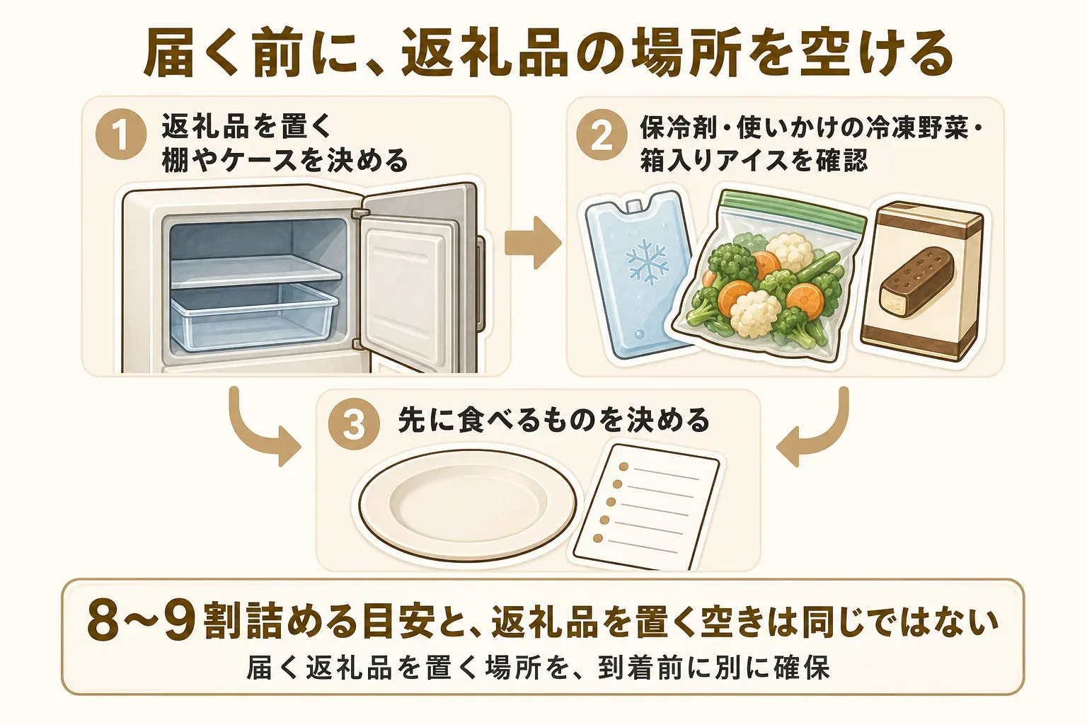 返礼品が届く前に、置く棚やケースを決め、保冷剤・使いかけの冷凍野菜・箱入りアイスを確認し、先に食べるものを決めて返礼品用の空きを別に確保する3段階を示す図。冷凍庫を8〜9割詰める目安と返礼品を置く空きは同じではない
