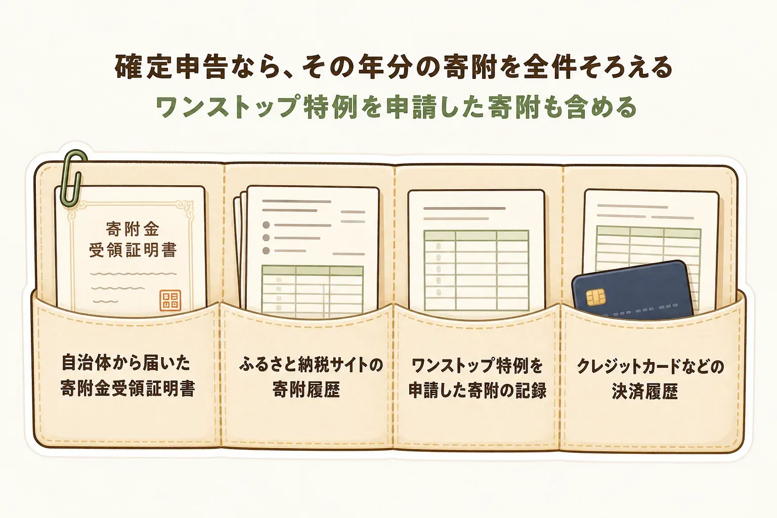 確定申告ではワンストップ特例を申請した寄附も含めてその年分の寄附を全件そろえ、自治体から届いた寄附金受領証明書、ふるさと納税サイトの寄附履歴、ワンストップ特例を申請した寄附の記録、クレジットカードなどの決済履歴を一か所に集めることを示した図