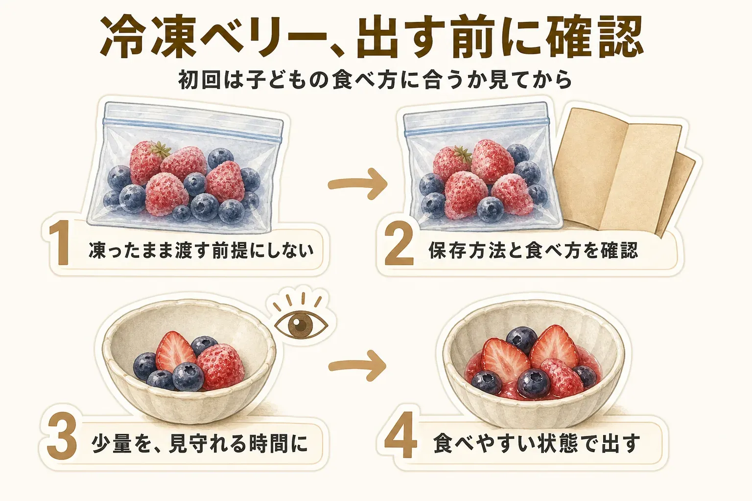 冷凍いちご・ブルーベリーを子どものおやつに出すときの解凍の目安を示す図。凍ったまま渡さず、商品ごとの保存方法と食べ方を確認し、少量を大人が見守れる時間に、子どもが食べやすい状態にして出す流れ。農林水産省は冷凍果実を涼しいところで自然解凍し、解凍しすぎない状態で食べることを案内
