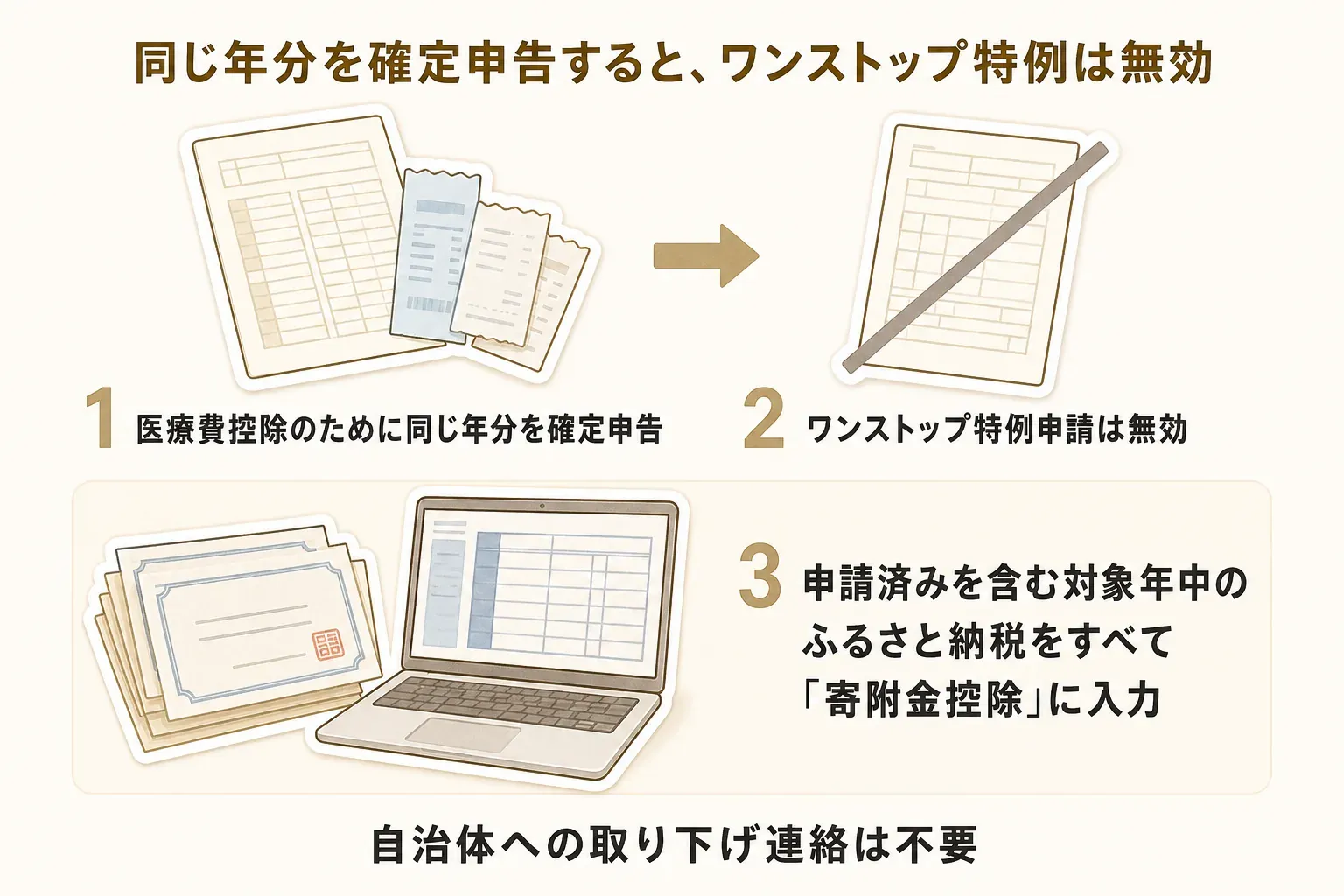 医療費控除のために確定申告する場合、ワンストップ特例を申請済みの寄附と未申請の寄附を分けず、対象年中のふるさと納税をすべて寄附金控除として申告することを示す図。出典：国税庁「No.1155 ふるさと納税（寄附金控除）」