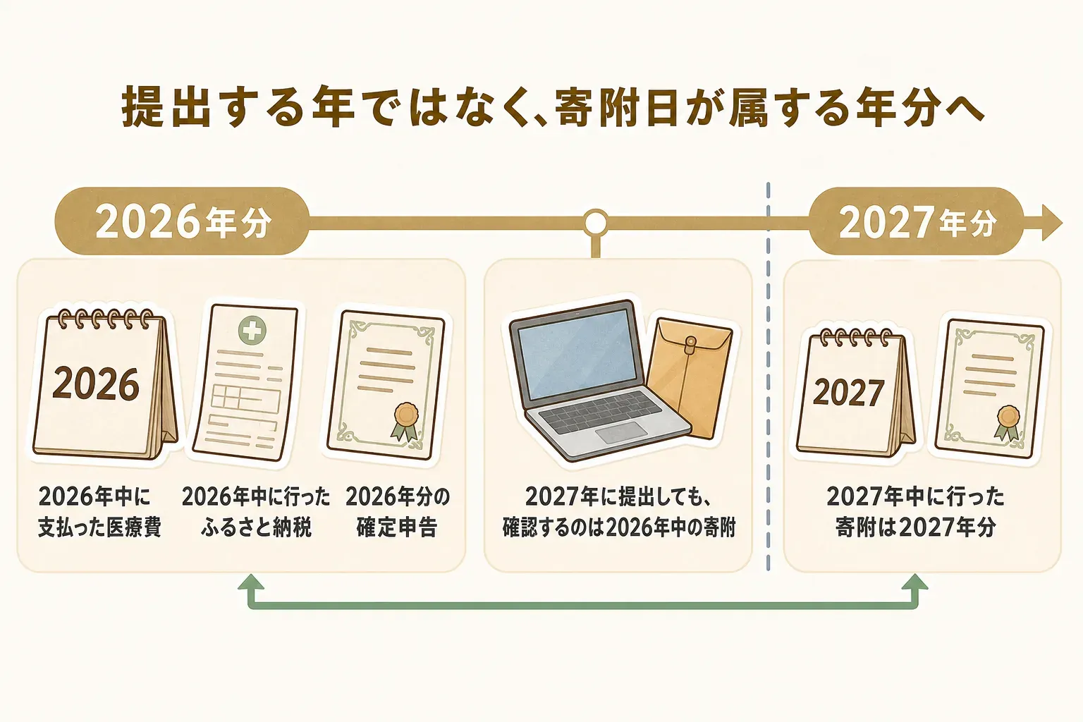 2027年に2026年分の確定申告を提出する場合、2026年中の医療費とふるさと納税を申告し、2027年中の新しい寄附は2027年分として別に記録する年分の境界を示す図