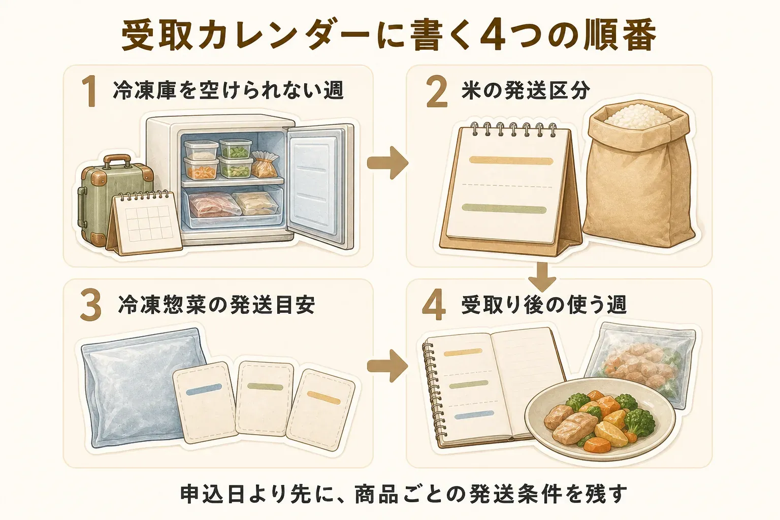 受取カレンダーに書く4つの順番を示す図。1は旅行や作り置きなどで冷凍庫を空けられない週、2は米の発送区分、3は冷凍惣菜の発送目安、4は受取後に使う週。申込日より先に、商品ごとの発送条件を記録する流れを示している
