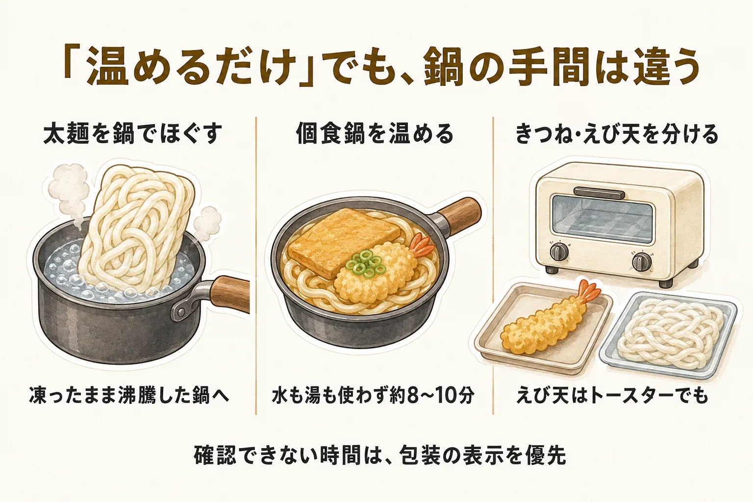 冷凍うどんを夏休みの昼食に用意する加熱の流れを示す図。電子レンジの出力と時間を包装で確認する場合、凍ったまま鍋に入れて加熱する場合、水や湯の要否や具を別に温めるかを確認する場合を分けて表している