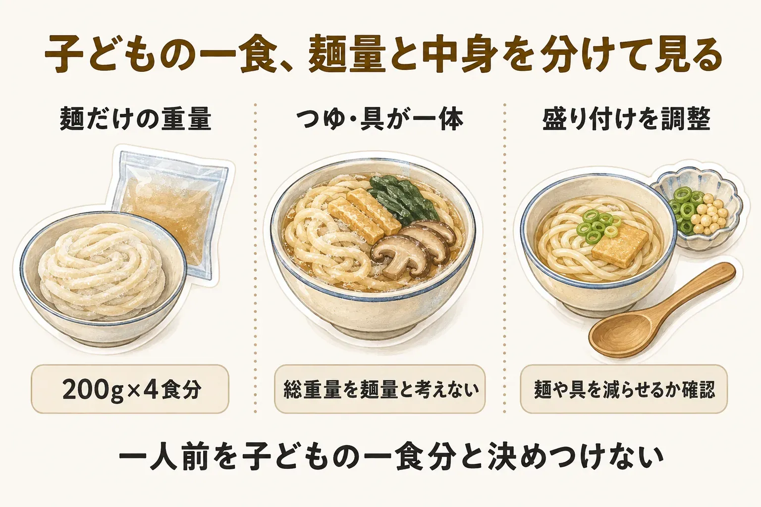 子どもの一食分を麺量と中身で確認する図。麺だけの重量が200g×4食分と分かる場合、つゆ・具が一体で総重量を麺量と考えない場合、麺や具を減らして盛り付けを調整する場合を示し、一人前を子どもの一食分と決めつけないよう案内している