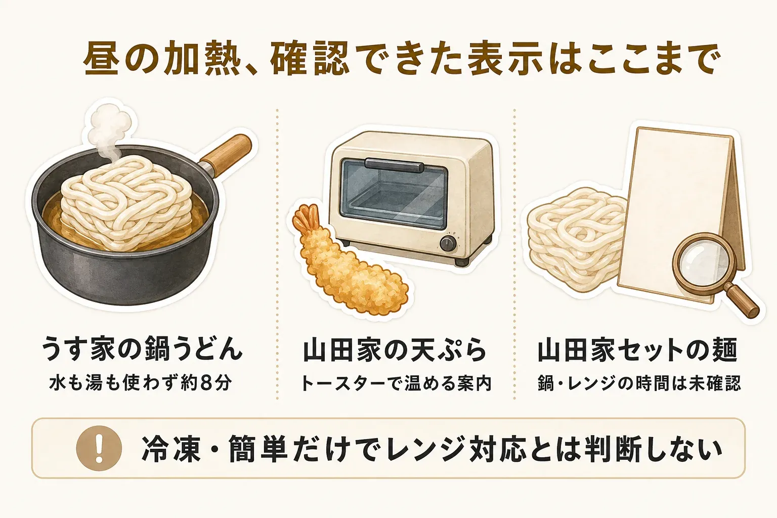 冷凍うどん3品の商品説明で確認できた加熱方法を比較する図。山田家の2品は天ぷらをトースターで温める案内があり麺全体の時間は確認できず、うす家は水も湯も使わず鍋で約8分、3品とも電子レンジの具体条件は確認できないことを示している