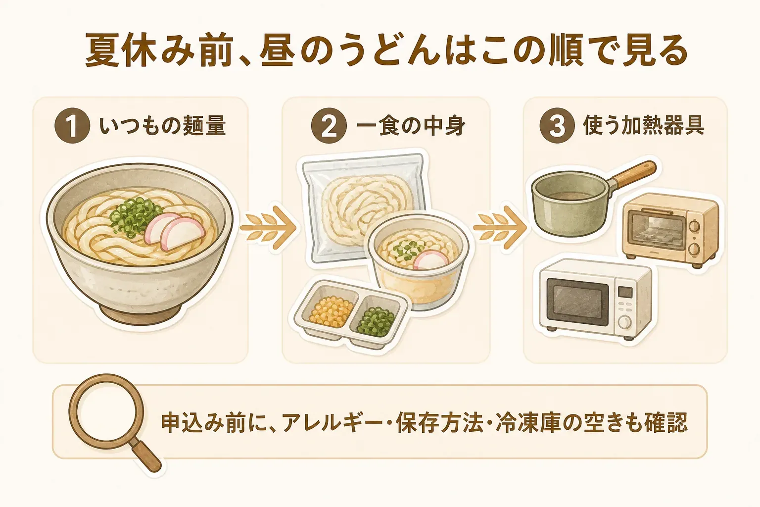 夏休み前に昼の冷凍うどんを選ぶ確認順を示す図。いつもの麺量、一食の中身、使う加熱器具の順に確認し、申込み前にアレルギー・保存方法・冷凍庫の空きも確認する流れを表している