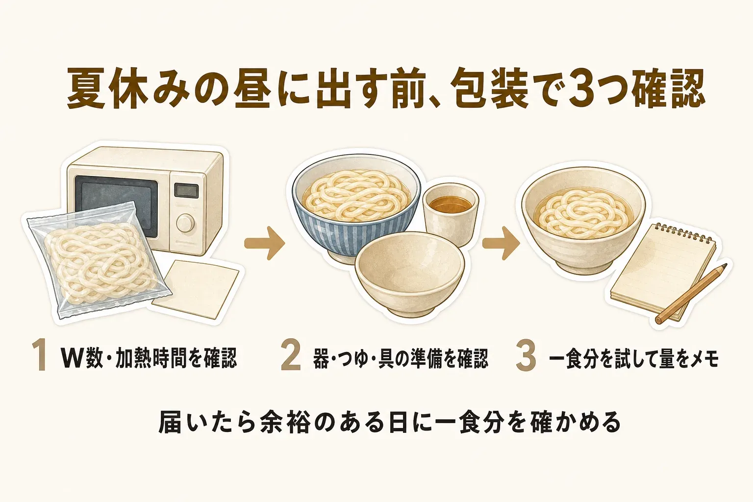 夏休みの昼に冷凍うどんを出す前に包装で確認する3項目を示す図。1はW数・加熱時間、2は器・つゆ・具の準備、3は一食分を試して子どもに出す量をメモすることで、届いたら余裕のある日に一食分を確かめる流れ